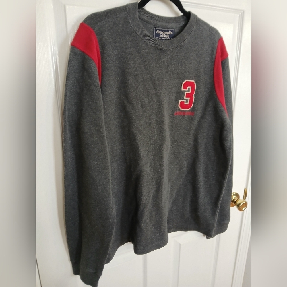 Abercrombie & Fitch Red Gray Crewneck Sweatshirt Preppy Academia Varsity Logo 3 - Picture 2 of 7